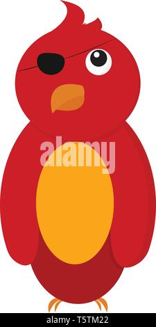 A cute little red-colored pirate's parrot with an eye patch has tufts of hair at the center of its head and an oval-shaped yellow tummy vector color d Stock Vector