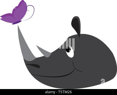 The side face of a horned rhinoceros while smiling chases a purple-colored butterfly vector color drawing or illustration Stock Vector