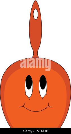 A smiling red-colored cartoon scoop just like a spoon has a short handle with a hole to get hanged on the hooks or nails of the wall and a deep bowl u Stock Vector