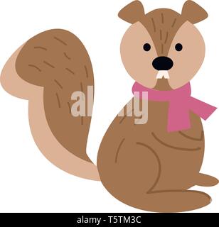 A cute little cartoon squirrel in shades of brown color is wearing a rose-colored scarf around its neck and has two white teeth protruded outside give Stock Vector