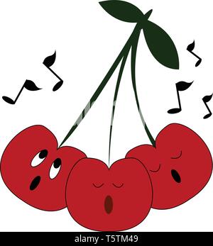 Charming bunch of cherries with two dark green colored leaves are singing over white background with musical notes vector color drawing or illustratio Stock Vector