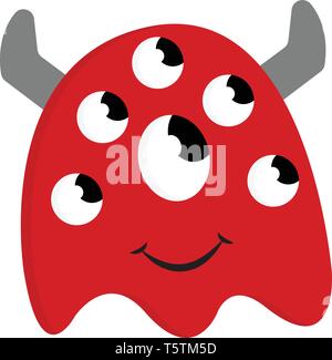 Happy red monster with many eyes and grey horns vector illustration on  white background Stock Vector