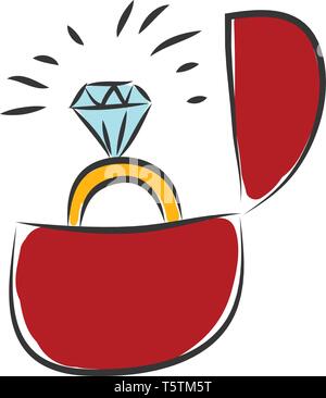 Simple  vector illustration on white background of a big diamond ring in red velvet box Stock Vector