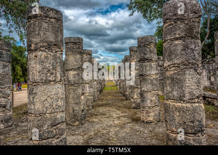Columns in the Temple of a Thousand Warriors, Chichen Itza, Yucatan District, Mexico Stock Photo