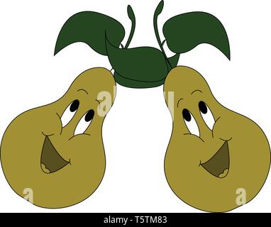 Cartoon of two singing green pears with green leaves vector illustration on white background Stock Vector