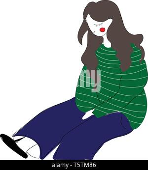 Abstract vector illustration on white background of a longhaired sitting girl in  green  striped shirt and jeans Stock Vector