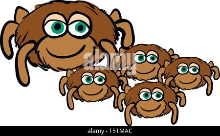 Cute cartoon of a spider mom with her four spider children vector illustration on white background Stock Vector