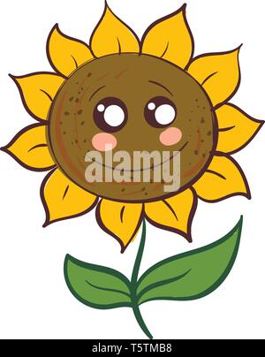 Cute smiling sunflower with green leaves vector illustration on white background Stock Vector