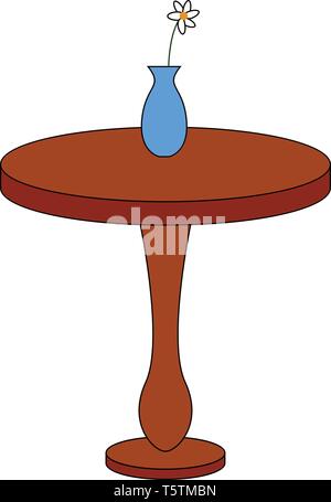 Simple round brown table with a  white flower in blue vase on top vector illustration on white background Stock Vector