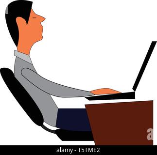 Man working on laptop at his desk illustration print vector on white background Stock Vector