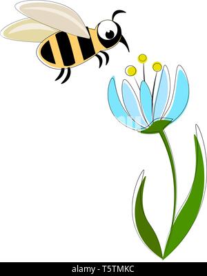 Bee on the blue flower vector illustration on white background Stock Vector
