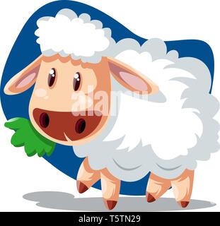 A White sheep eating grass in dark blue background, vector, color drawing or illustration. Stock Vector