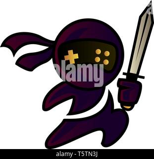 A Purple cartoon with sword in left hand and eyes as + symbol and four dots, vector, color drawing or illustration. Stock Vector