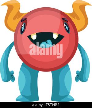 Cute red  cartoon monster with blue legs and yellow horns white background vector illustration. Stock Vector