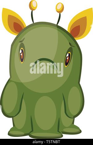 Illustration of sad green monster with yellow ears and three legs white background vector illustration. Stock Vector