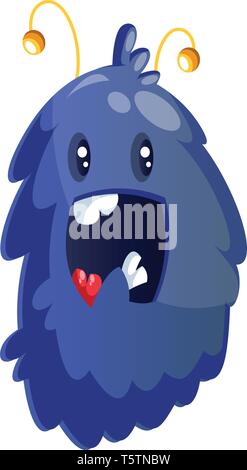 Happy blue furry cartoon monster on white background vector illustration. Stock Vector