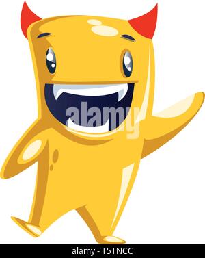 Happy waving yellow cartoon character with small red horns white background vector illustration. Stock Vector