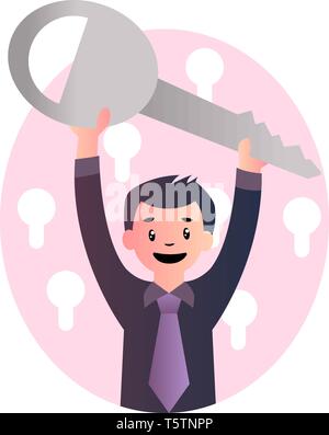 Cartoon guy holds big key vector illustartion on white background Stock Vector