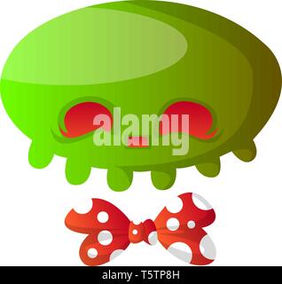 Green cartoon skull with red bowtie vector illustartion on white background Stock Vector