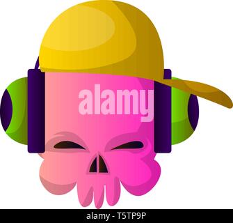 Little pink cartoon skul with hat and headphones vector illustartion on white background Stock Vector