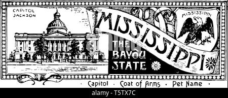 The state banner of Mississippi the bayou state this banner has state house on left side right side of seal has eagle with wings spread wide and head  Stock Vector