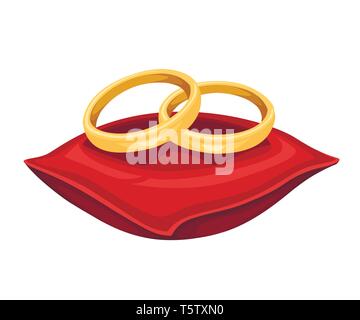 Golden weddings rings on red velvet pillow. Golden jewelry. Flat vector illustration isolated on white background. Stock Vector