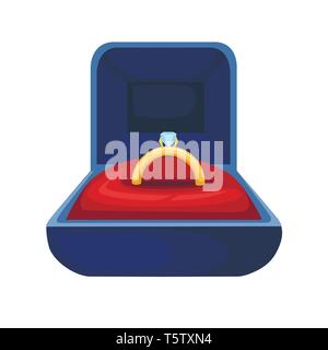 Golden ring with diamond in blue velvet opened gift jewelry box. Flat vector illustration isolated on white background. Stock Vector