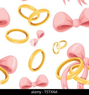 Seamless pattern. Golden weddings rings with pink bow. Golden jewelry. Flat illustration on white background. Stock Vector