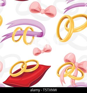 Seamless pattern. Golden weddings rings on red velvet pillow, purple ribbon. Golden jewelry. Flat vector illustration on white background. Stock Vector