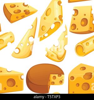 Seamless pattern. Cheese slices collection. Triangular piece of cheese. Dairy milk product icon set. Flat vector illustration on white background. Stock Vector