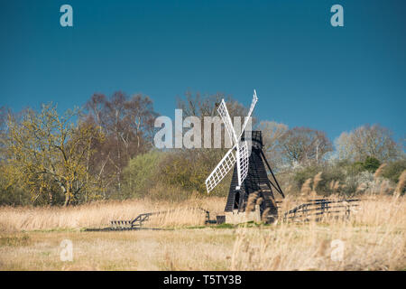 The last surviving wooden windpump in the Fens at Wicken Fen National Nature Reserve, Cambridgeshire, East Anglia, England, UK. Stock Photo