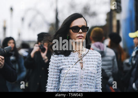 Paris, France - March 5, 2019: Street style outfit -  Evangelie Smyrniotaki before a fashion show during Paris Fashion Week - PFWFW19 Stock Photo