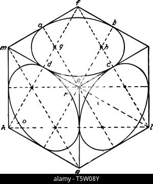 The image shows the isometric of a cube with inscribed circles. There is a circle construction inside the cube that has an elliptical shape, vintage l Stock Vector