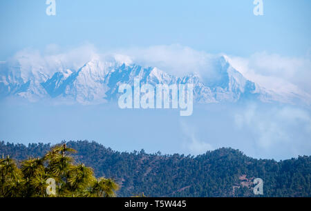 Sublime mountains of the high Himalayas in the Nanda Devi range from Zero Point in the Binsar district of Uttarakhand Northern India