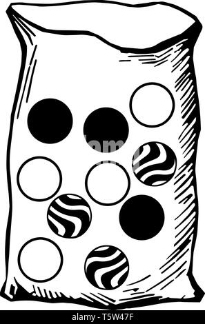 A bag contains ten marbles of the same size: four are identical white marbles; three are identical striped marbles and three black marbles, vintage li Stock Vector