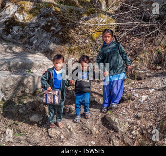 Three children on their way home from school in the Pindar Valley of Uttarakhand in Northern India Stock Photo