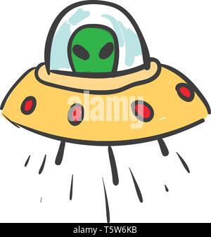 A ufo with red colored lights and green alien inside, vector, color drawing or illustration. Stock Vector