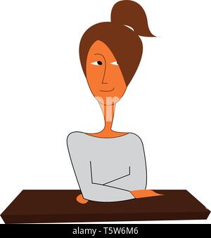 A girl leaning at the table with a brown ponytail hair and wearing gray long sleeve t-shirt, cartoon,  vector, color drawing or illustration. Stock Vector