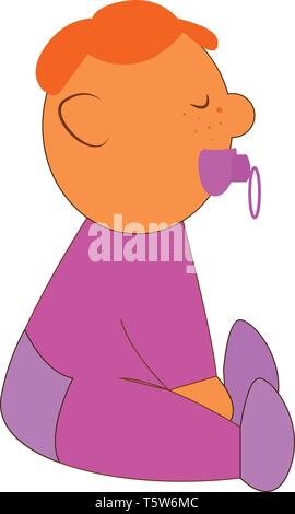 A baby wearing a purple baby clothes and shoes with a purple baby pacifier, vector, color drawing or illustration. Stock Vector