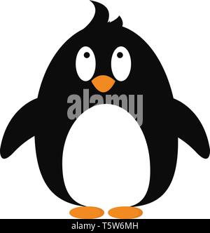 A black baby penguin with a white tummy and an orange beak and feet, cartoon, vector, color drawing or illustration. Stock Vector