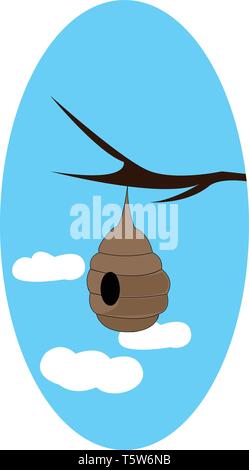 A brown bee hive hanging at the tree branch in a blue sky with 3 clouds, vector, color drawing or illustration. Stock Vector