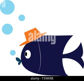 A blue fish with big eyes, orange hat and four blue bubbles, cartoon, vector, color drawing or illustration. Stock Vector