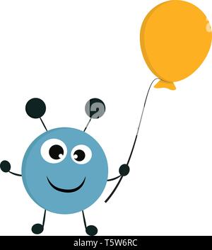 A happy blue monster with big eyes and a yellow balloon, cartoon, vector, color drawing or illustration. Stock Vector