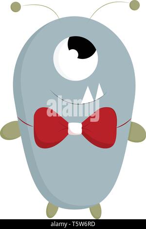 A blue happy one eyed monster with red bow tie and two sharp teeth, cartoon, vector, color drawing or illustration. Stock Vector