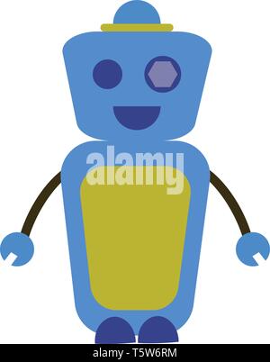 A blue happy robot with a yellow tummy and a blue hat, cartoon, vector, color drawing or illustration. Stock Vector