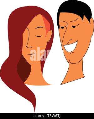 A red haired girl with eyes closed and a boy smiling, cartoon, vector, color drawing or illustration. Stock Vector