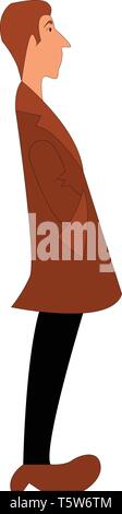 A boy in a brown coat with black pants and brown shoes, cartoon, vector, color drawing or illustration. Stock Vector