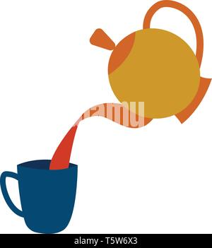 A drawing of tea poured into a blue cup from a yellow and orange teapot vector color drawing or illustration Stock Vector