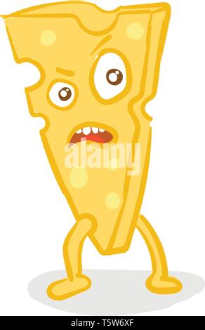 A picture of a triangular piece of yellow cheese with two legs and an angry expression on the face vector color drawing or illustration Stock Vector