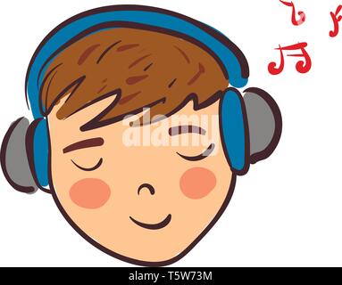 A boy with brown hair having his eyes closed and listening to music on his blue and grey headphones vector color drawing or illustration Stock Vector